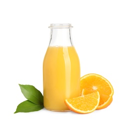 Photo of Tasty orange juice in glass bottle, fresh fruit and green leaves isolated on white