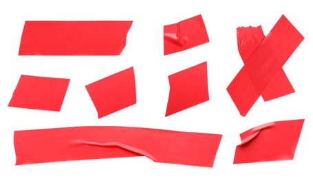 Image of Collage with pieces of red insulating tape on white background