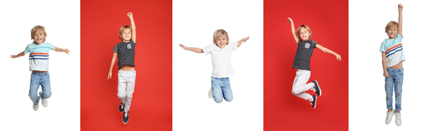 Collage of jumping school boy on color backgrounds. Banner design