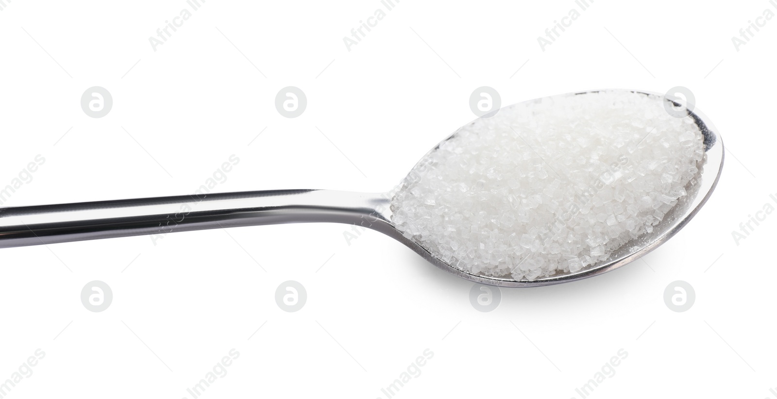 Photo of Spoon and granulated sugar isolated on white