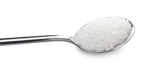 Spoon and granulated sugar isolated on white