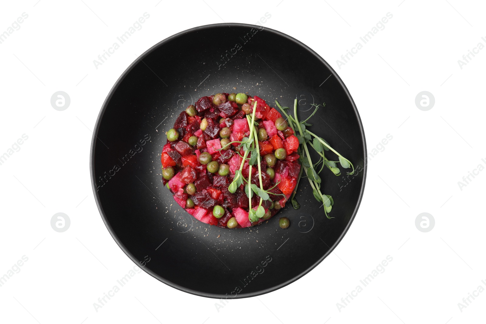Photo of Delicious vinaigrette salad isolated on white, top view