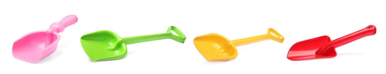 Image of Different bright plastic toy shovels on white background, collage. Banner design