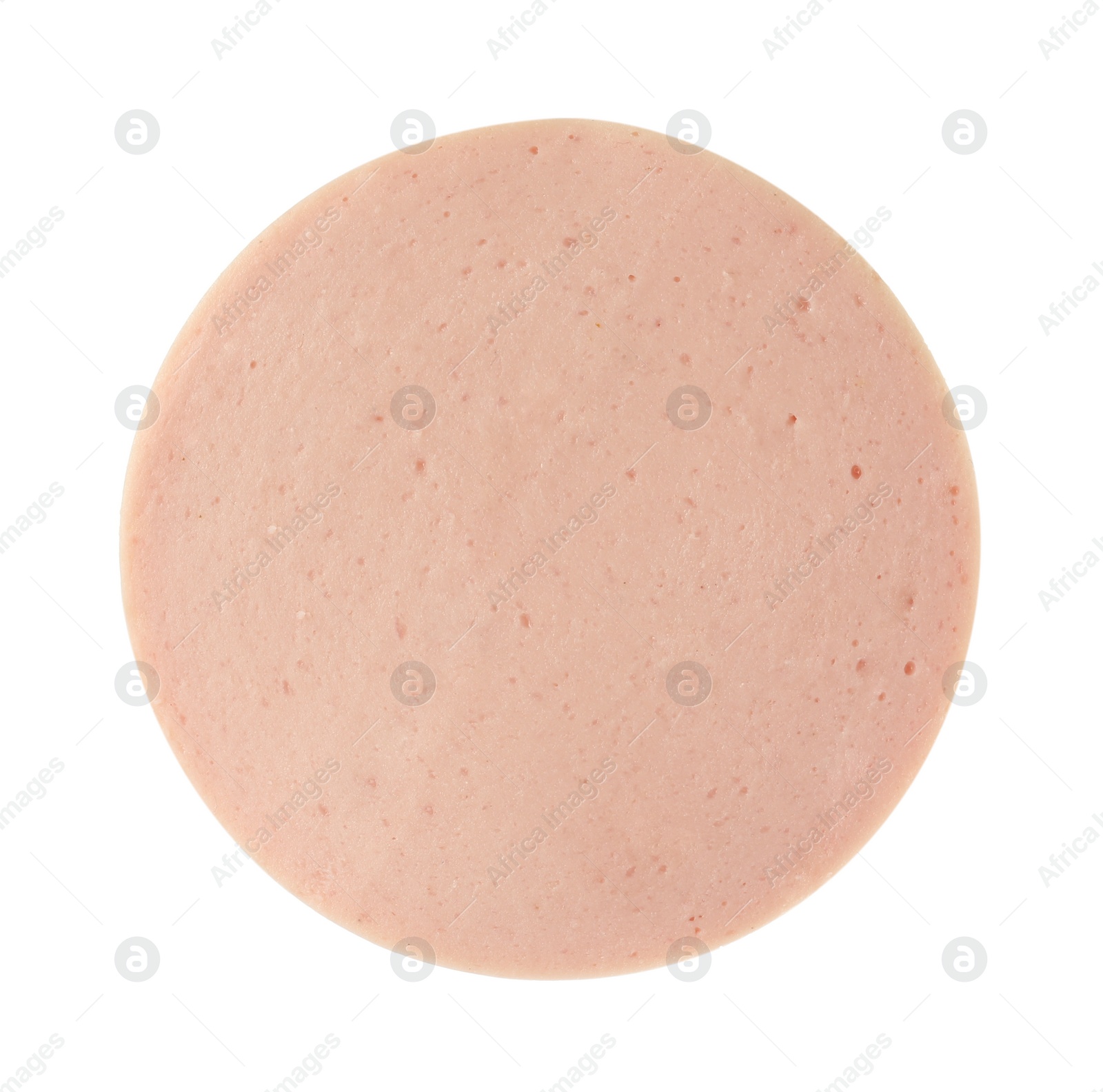 Photo of Slice of tasty boiled sausage isolated on white