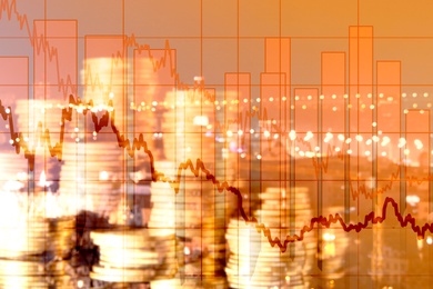 Image of Money exchange. Double exposure with coins and city view