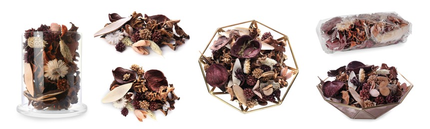 Image of Set with scented potpourri on white background. Banner design