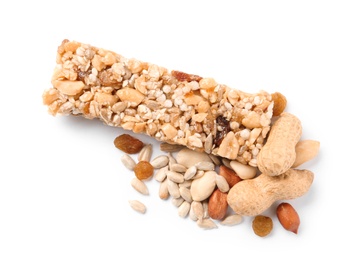 Grain cereal bar and nuts on white background. Healthy snack