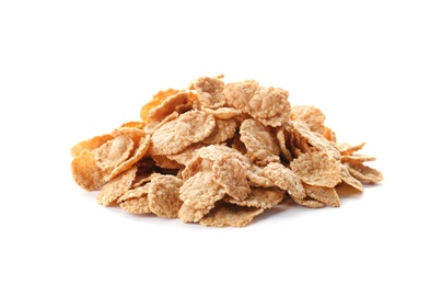 Photo of Wheat flakes on white background. Healthy grains and cereals