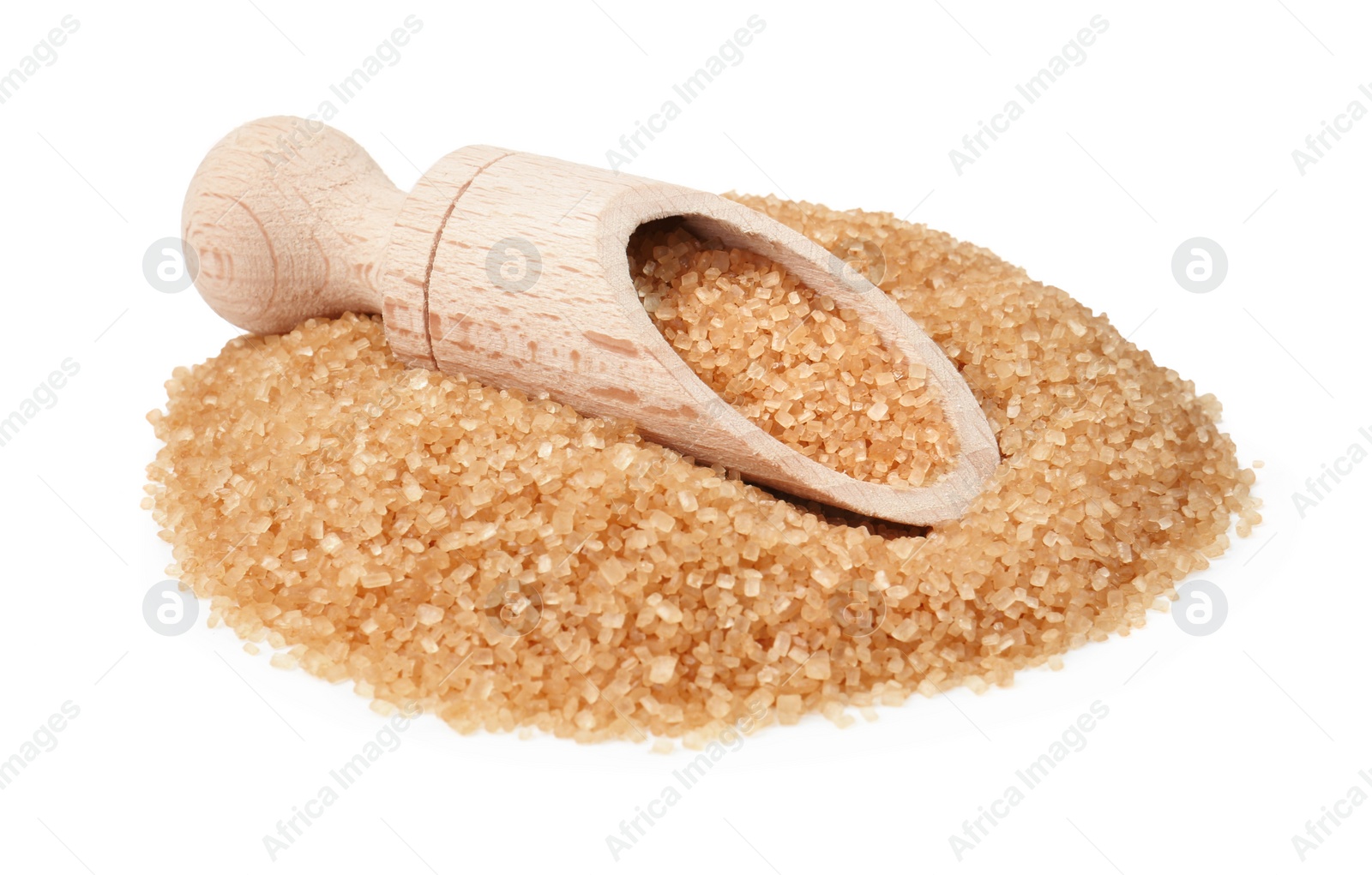 Photo of Pile of brown sugar and wooden scoop isolated on white