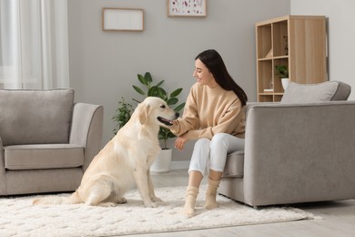 Happy woman with cute Labrador Retriever dog at home. Adorable pet