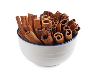 Cinnamon sticks in bowl isolated on white