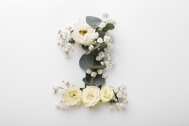 Number 1 made of beautiful flowers and eucalyptus leaves on white background, top view