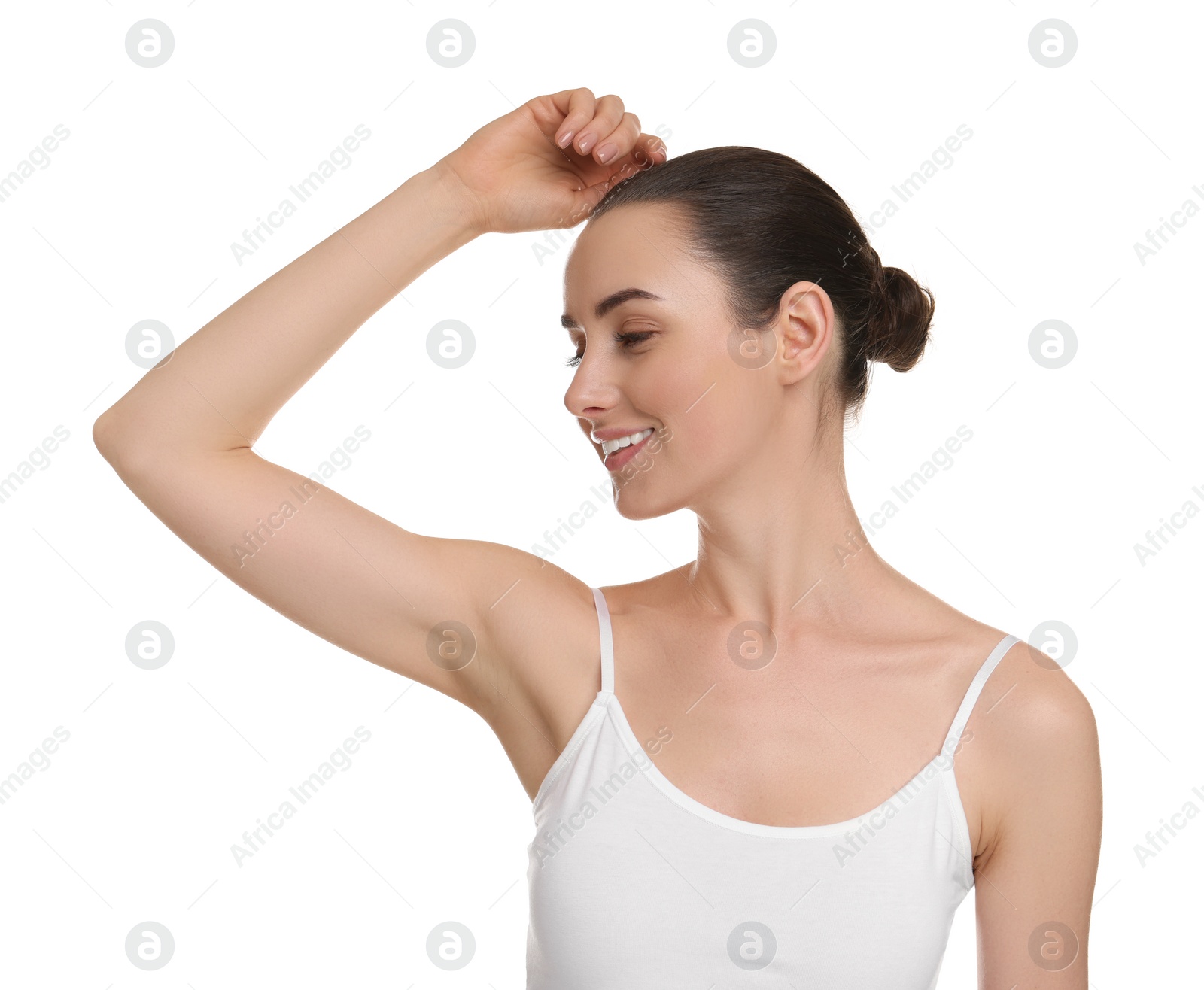 Photo of Beautiful woman showing armpit with smooth clean skin on white background