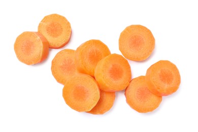 Photo of Slices of fresh ripe carrot on white background, top view