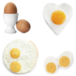 Collage with chicken eggs on white background