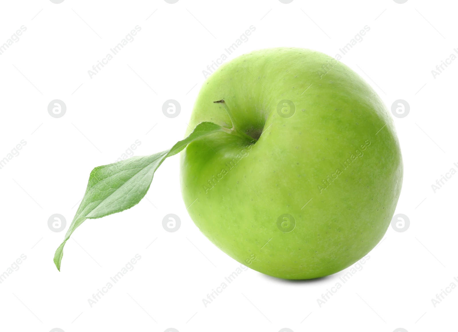 Photo of Fresh green apple with leaf on white background