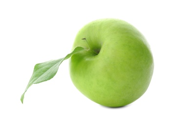 Photo of Fresh green apple with leaf on white background