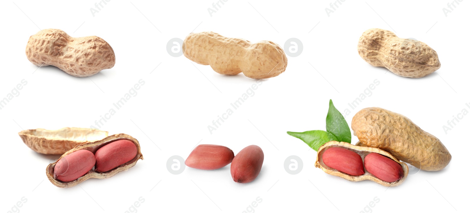 Image of Set with tasty peanuts on white background. Banner design