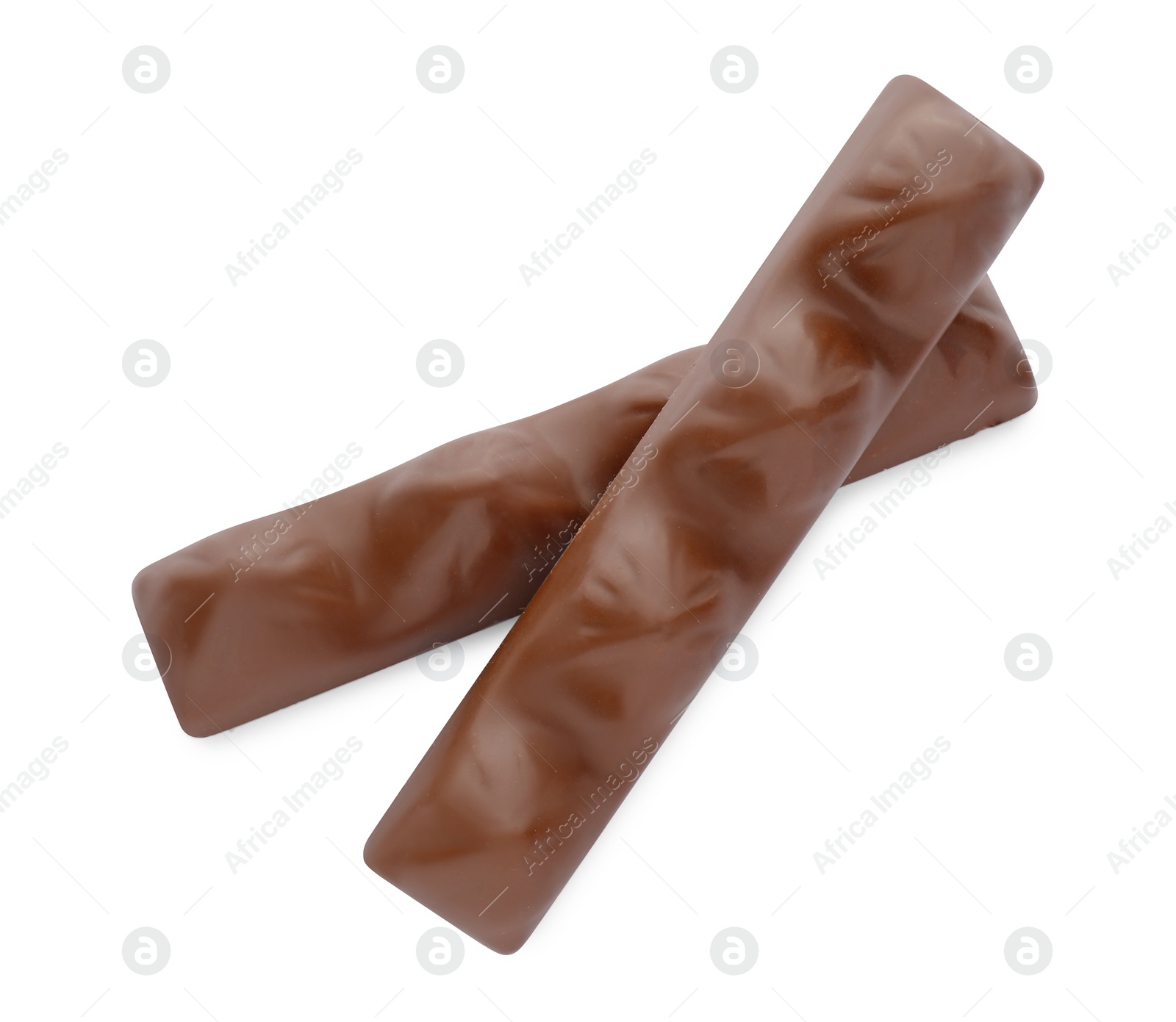 Photo of Sweet tasty chocolate bars on white background, top view