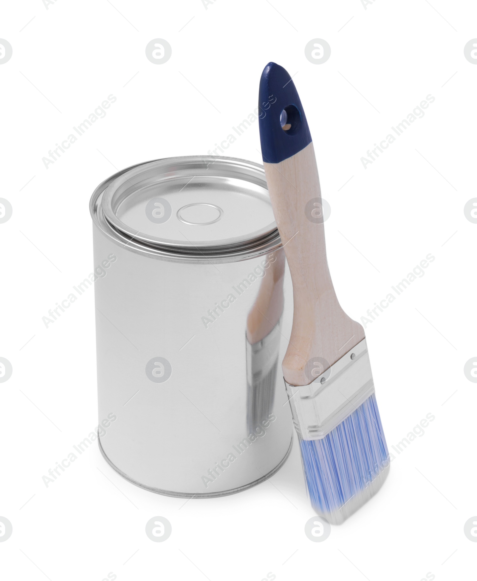 Photo of Can of paint and brush on white background