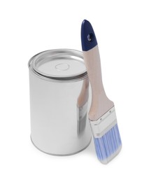 Photo of Can of paint and brush on white background