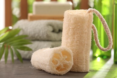 Photo of Natural loofah sponges on grey textured table