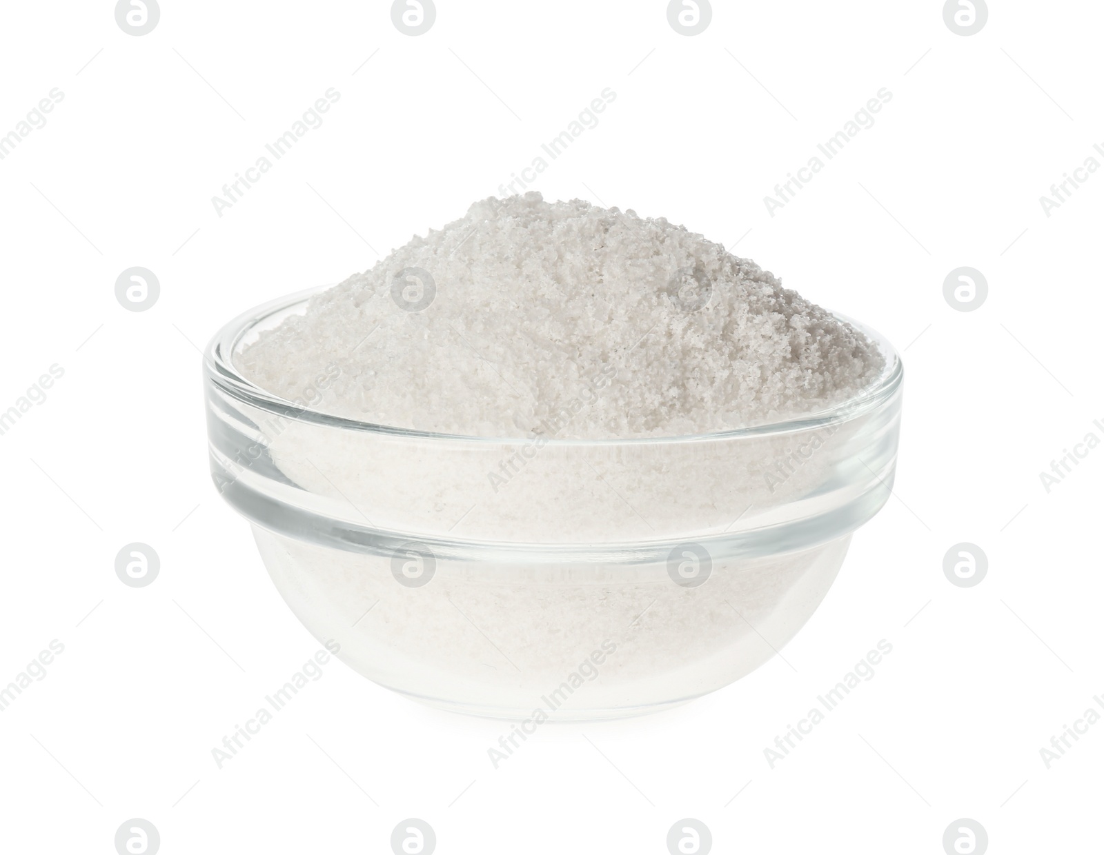 Photo of Glass bowl with natural salt isolated on white