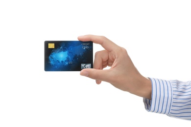 Photo of Woman holding credit card on white background