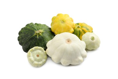 Fresh ripe pattypan squashes on white background