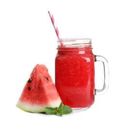 Photo of Tasty summer watermelon drink in mason jar and slice of fresh fruit on white background