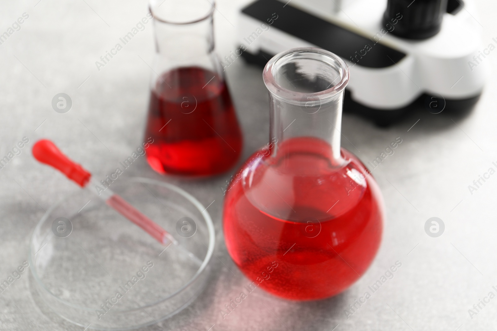 Photo of Laboratory analysis. Flasks with red liquid, petri dish and microscope on light grey table