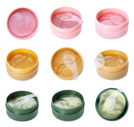 Image of Different under eye patches in jars on white background, collage