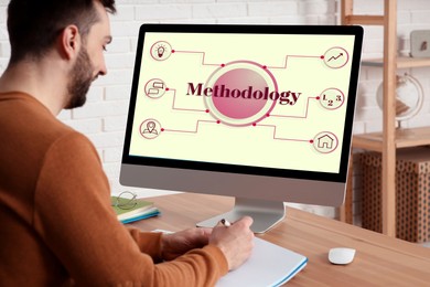 Image of Methodology concept. Man writing in notebook and using computer at desk indoors