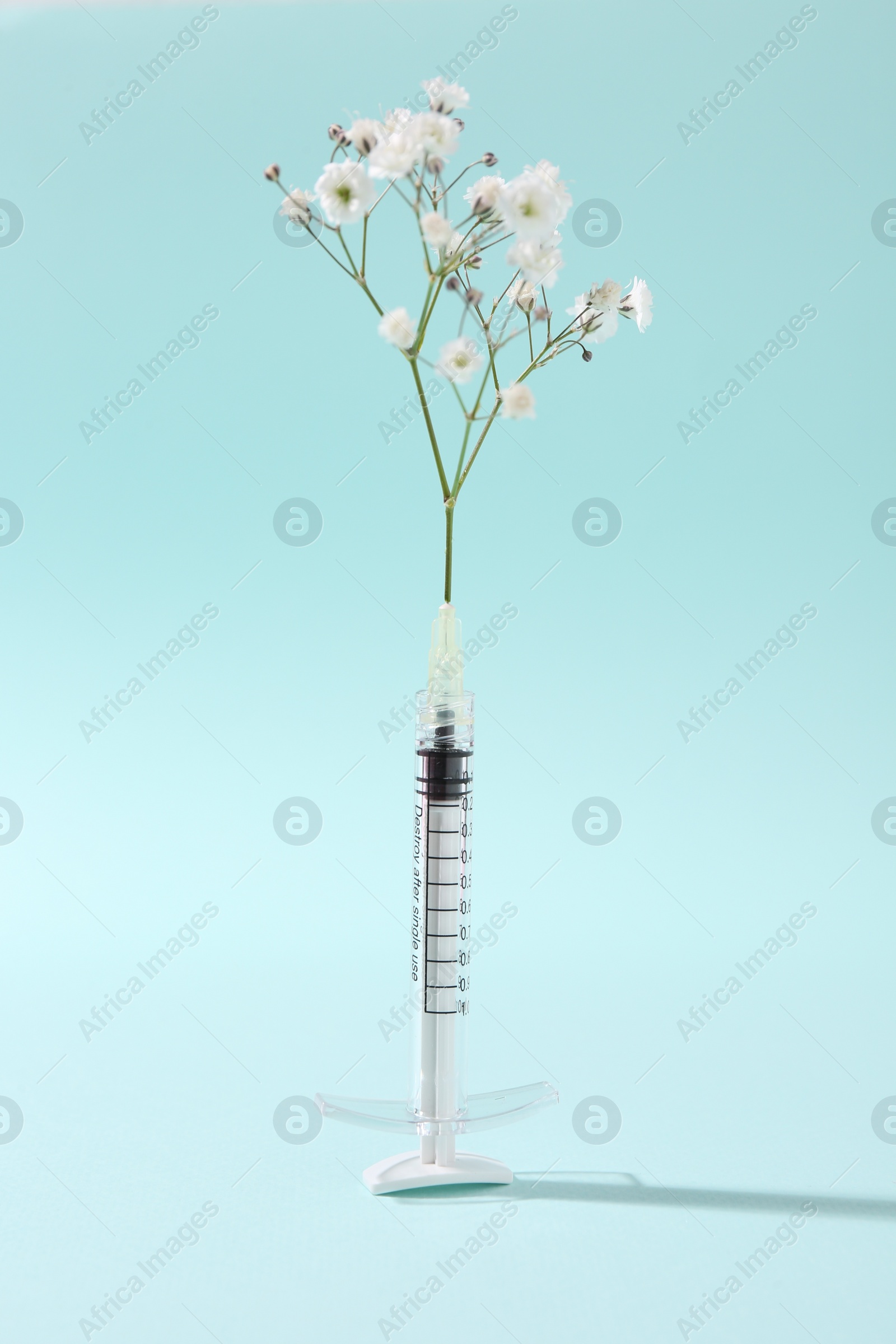 Photo of Cosmetology. Medical syringe and gypsophila on light blue background