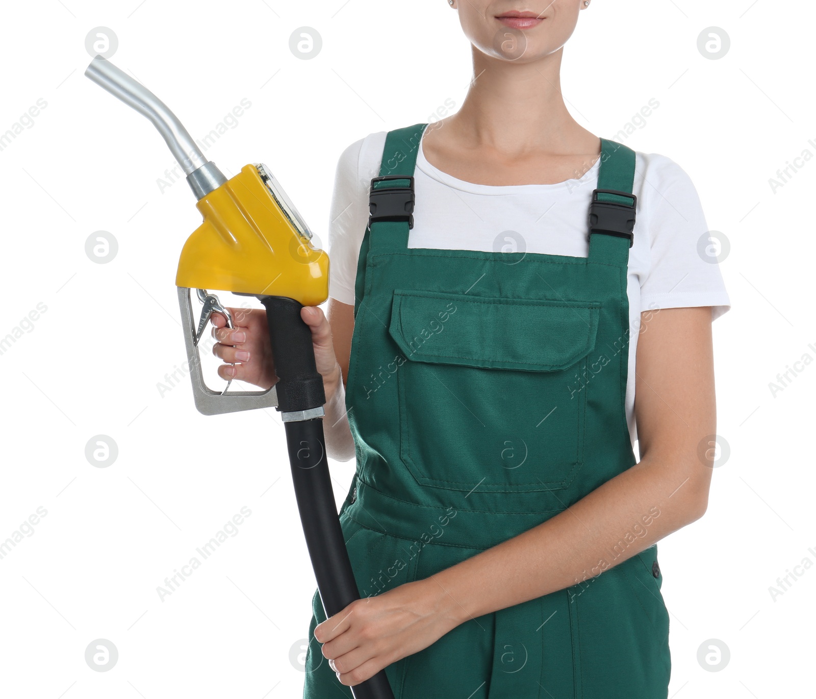 Photo of Gas station worker with fuel nozzle on white background, closeup