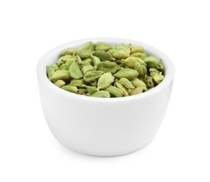 Photo of Dry cardamom pods in bowl isolated on white
