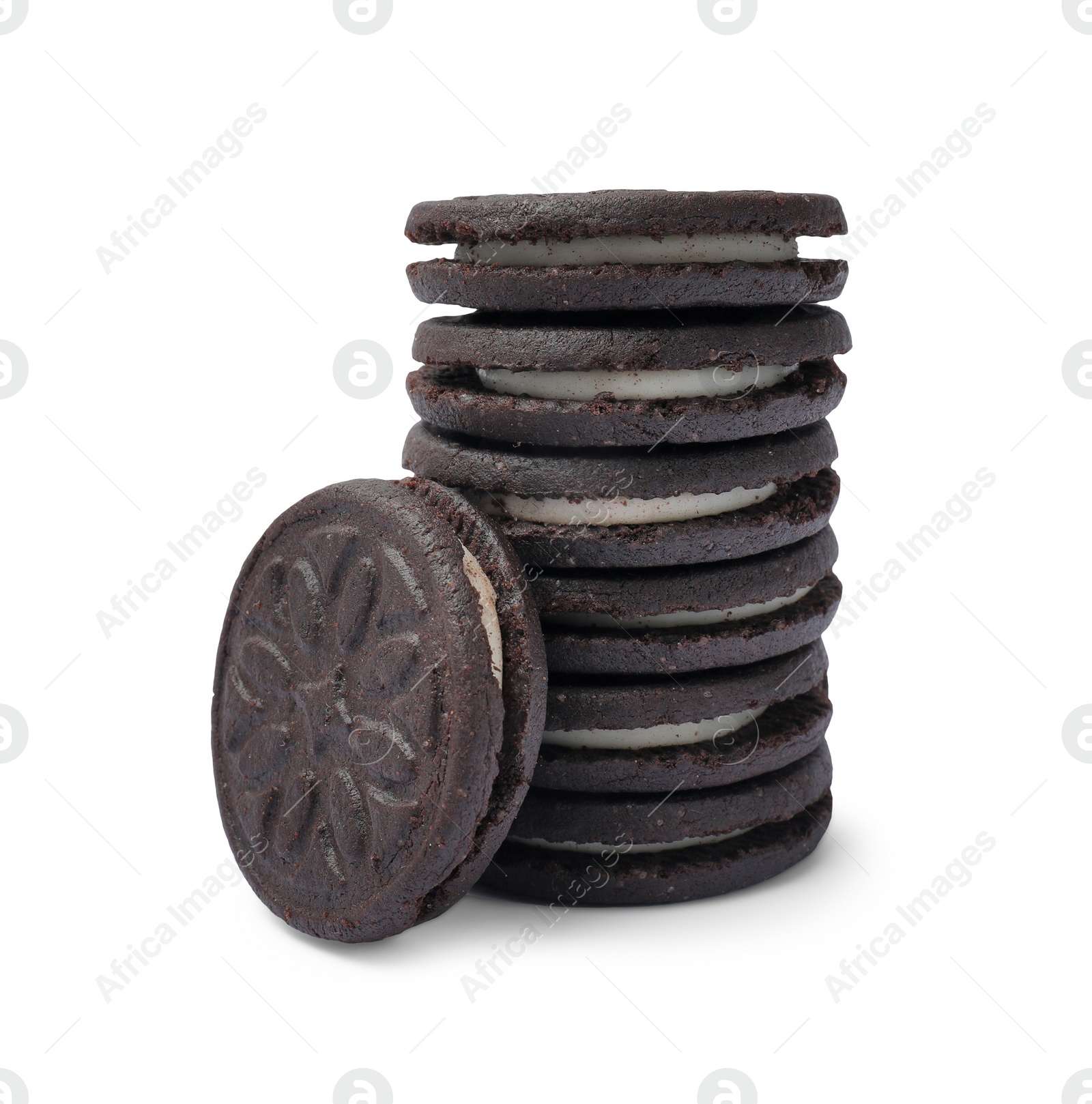 Photo of Stack of tasty sandwich cookies isolated on white