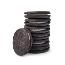 Stack of tasty sandwich cookies isolated on white