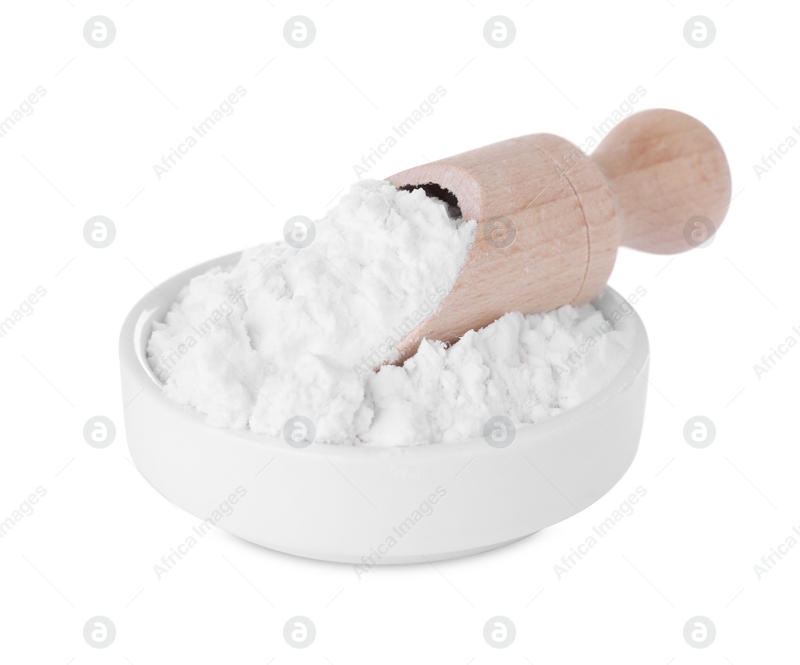 Photo of Bowl and wooden scoop of natural starch isolated on white