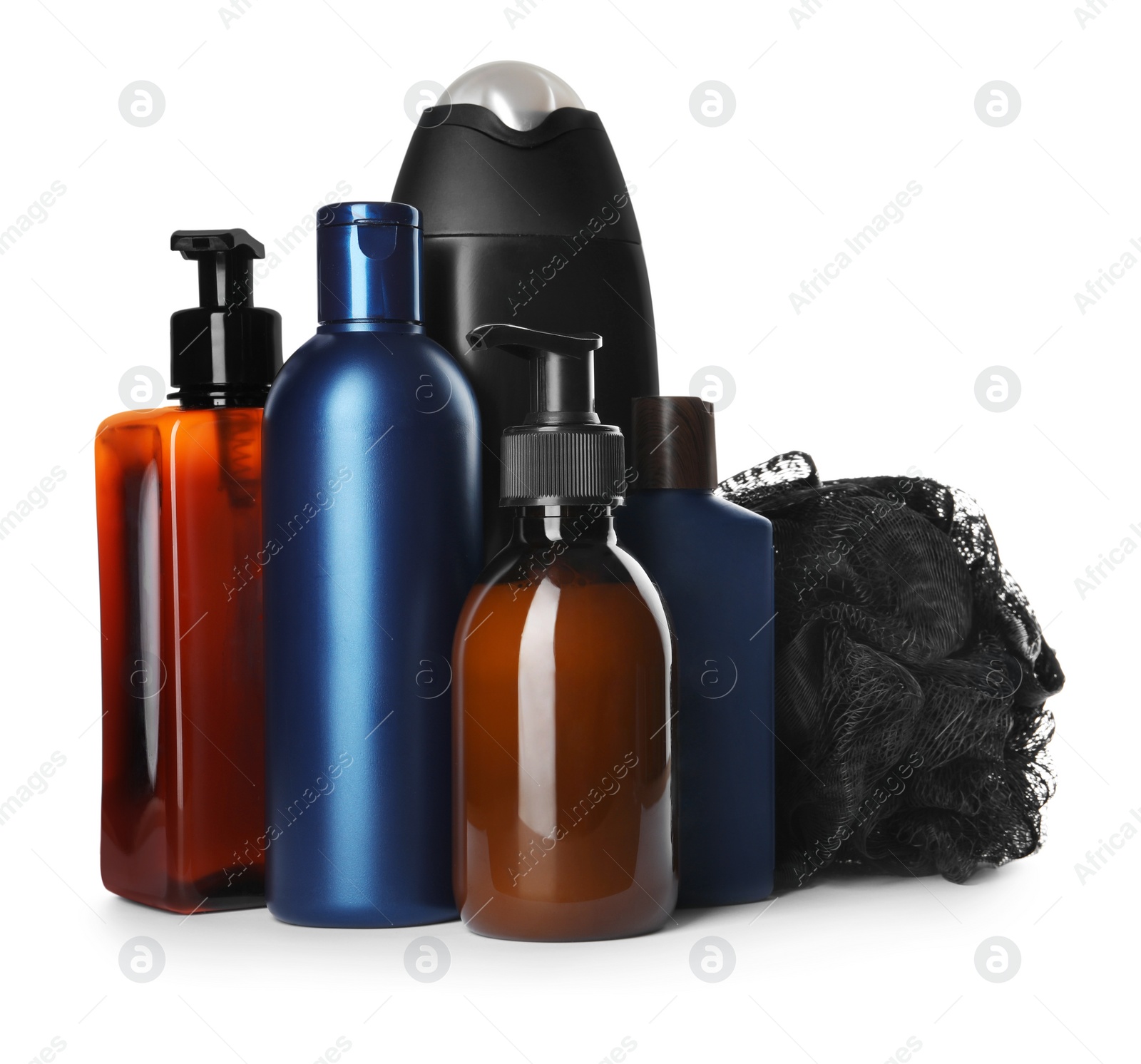 Photo of Personal hygiene products and shower puff on white background