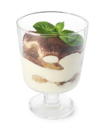 Photo of Delicious tiramisu with mint in glass isolated on white