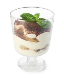 Delicious tiramisu with mint in glass isolated on white