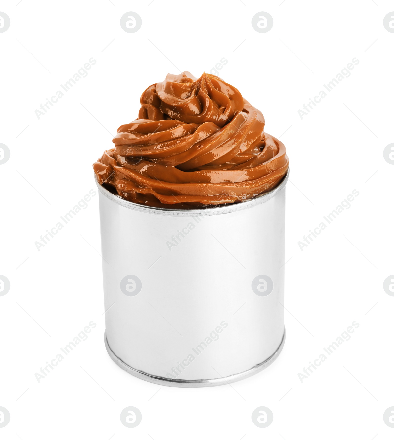 Photo of Tin can with tasty boiled condensed milk isolated on white