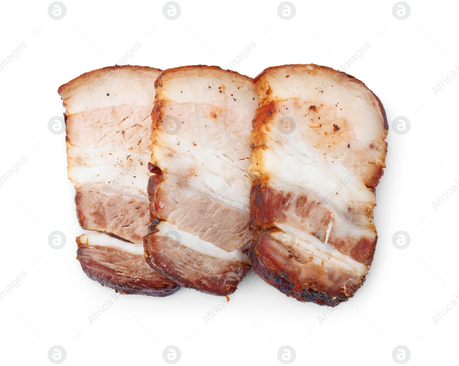 Photo of Slices of tasty baked pork belly isolated on white, top view