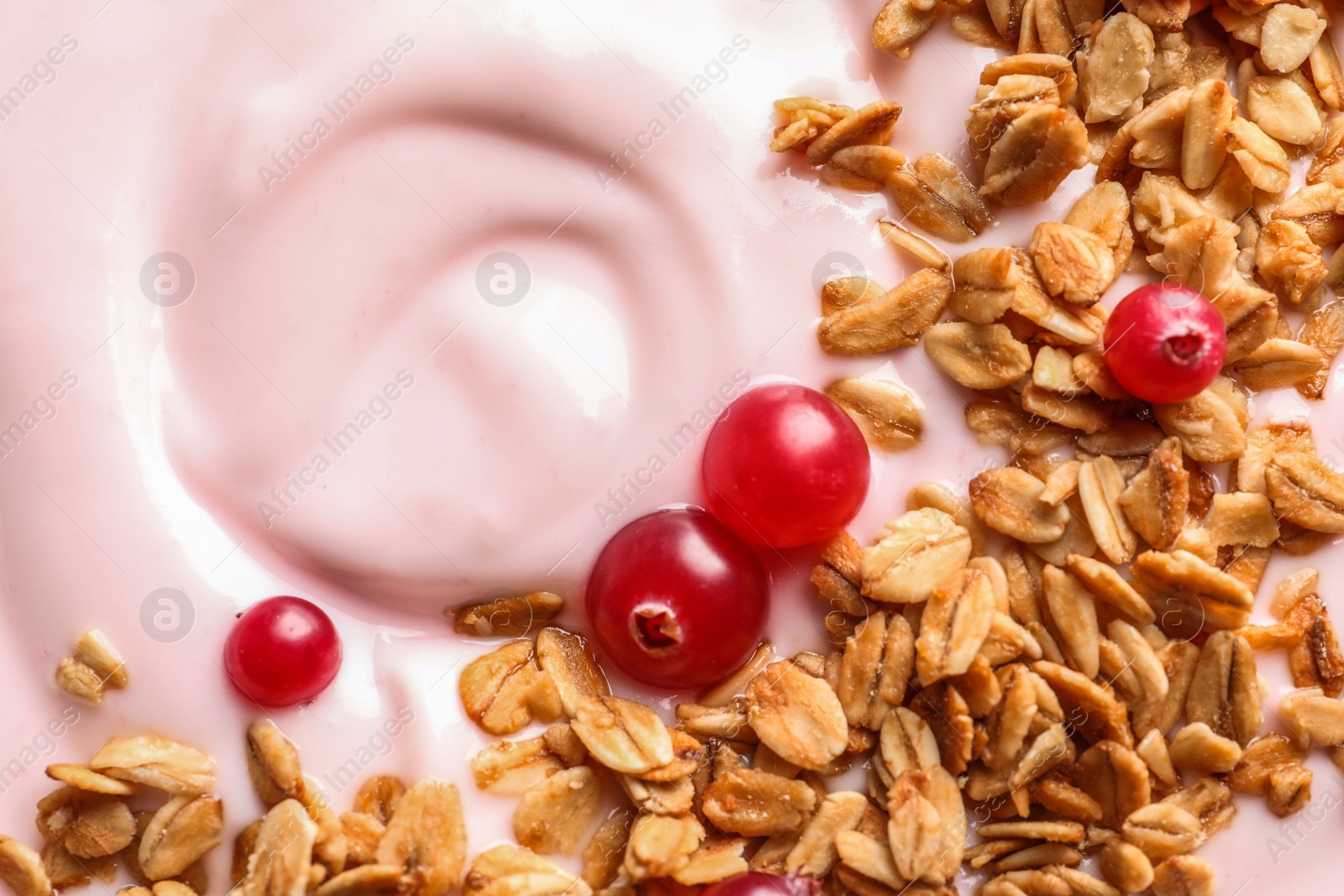 Photo of Tasty yogurt with cranberries and granola, closeup