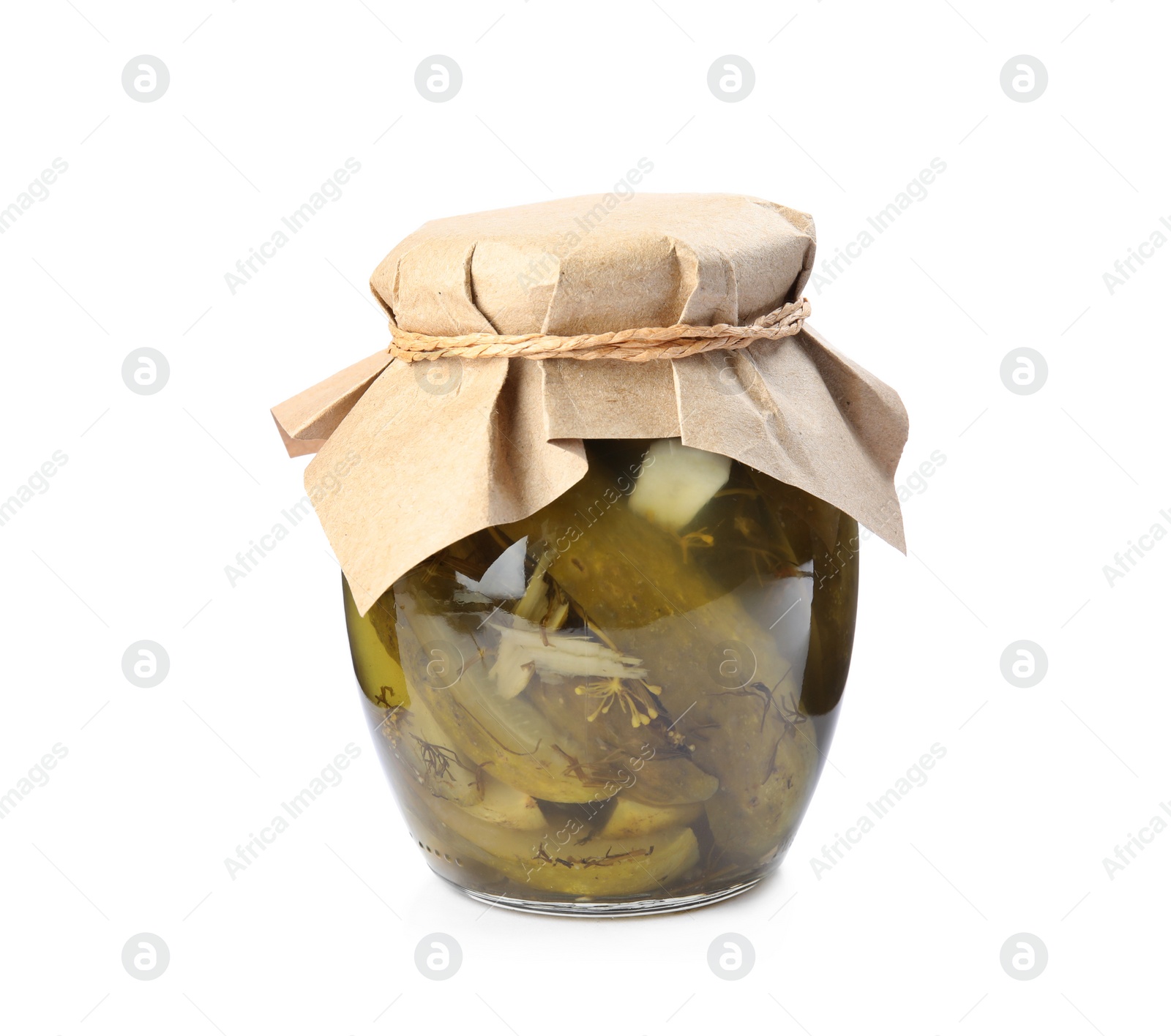 Photo of Jar with pickled cucumbers on white background