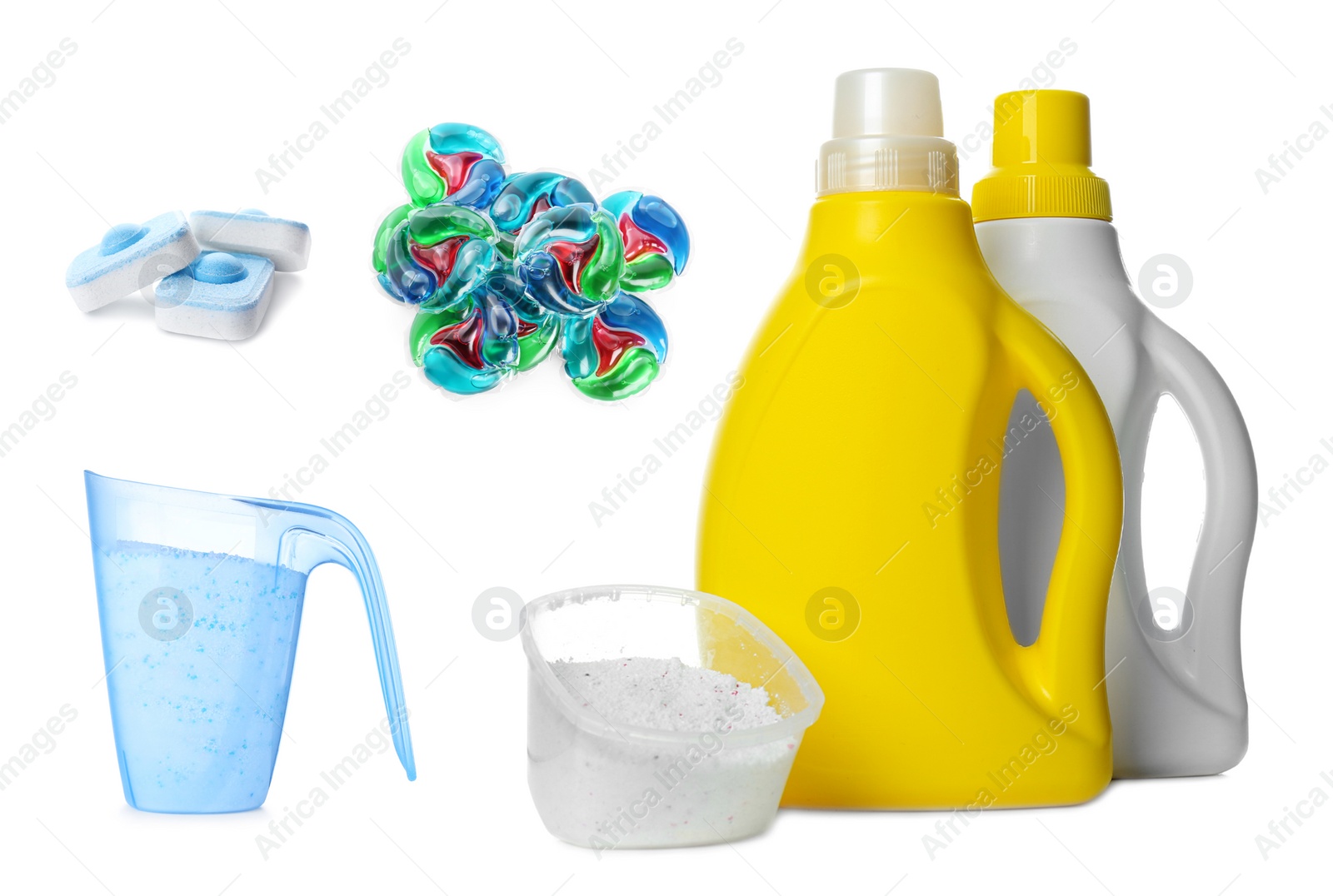 Image of Set with different laundry products on white background