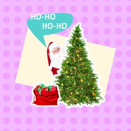 Image of Creative collage. Santa Claus hiding behind Christmas tree against color background