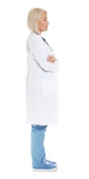 Full length portrait of female doctor isolated on white. Medical staff