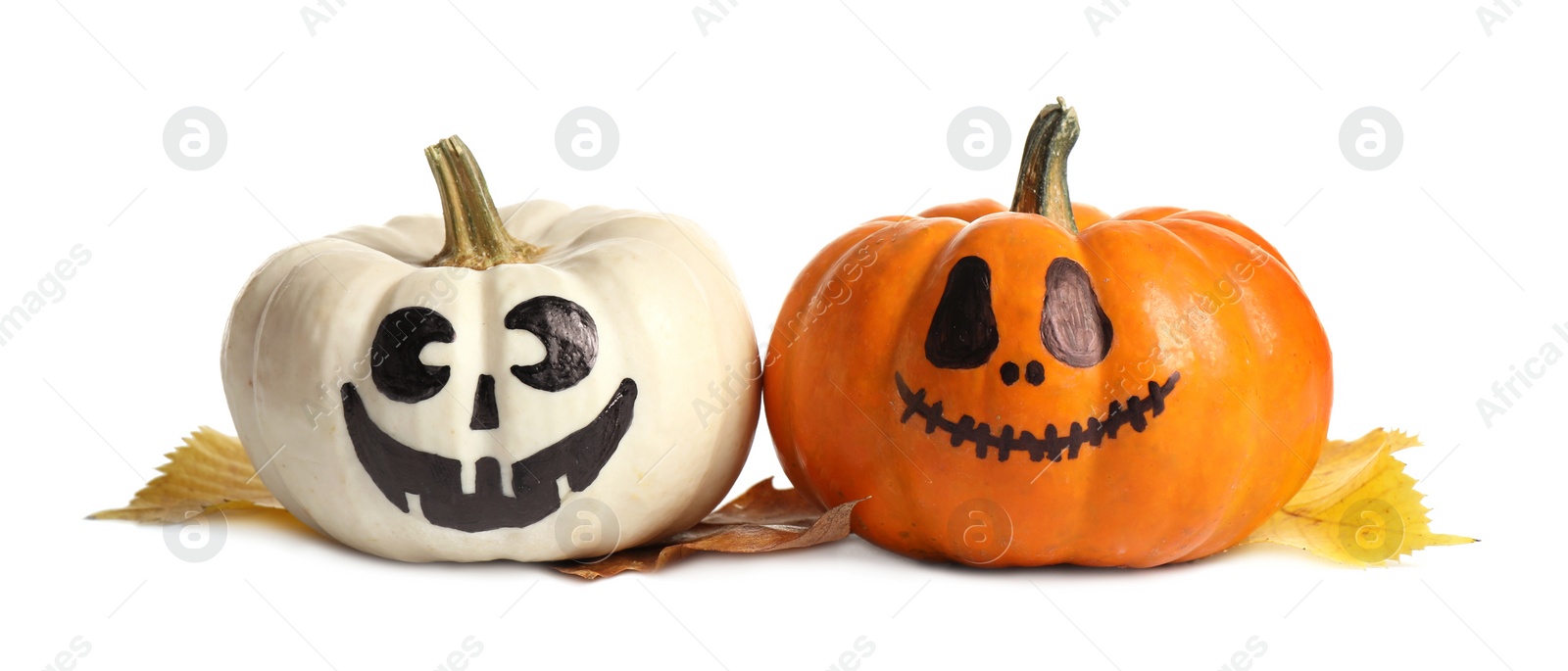 Photo of Cute Halloween pumpkins and autumn leaves on white background